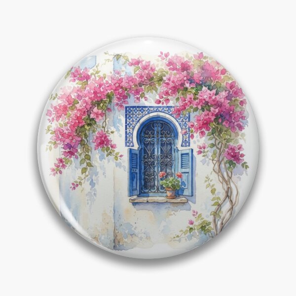 Item preview, Mediterranean Bloom – Blue Window & Bougainvillea Watercolor designed and sold by carthagia.