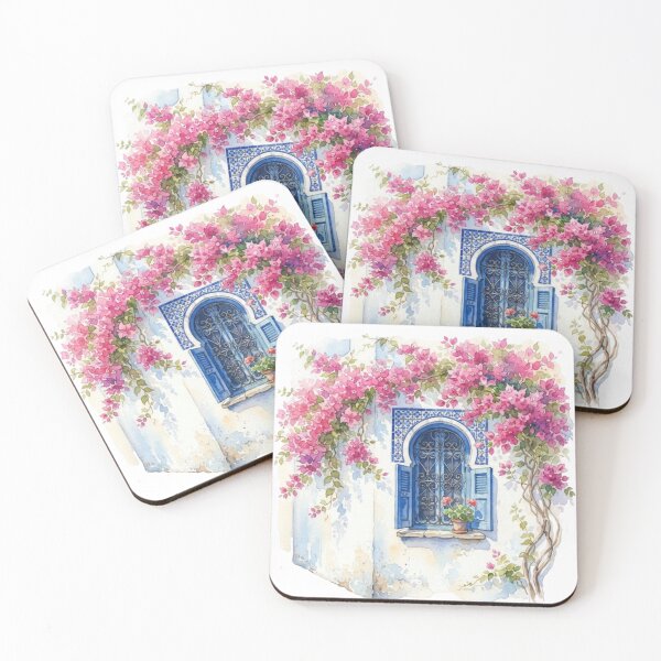 Item preview, Mediterranean Bloom – Blue Window & Bougainvillea Watercolor designed and sold by carthagia.