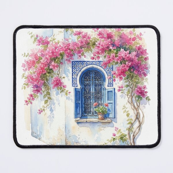 Item preview, Mediterranean Bloom – Blue Window & Bougainvillea Watercolor designed and sold by carthagia.