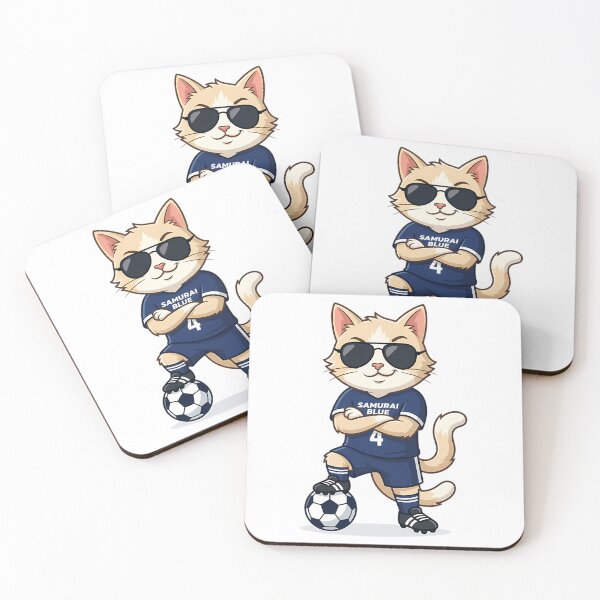 Item preview, Japan Soccer Cat Cool Pose  Samurai Blue Number 4 Cartoon designed and sold by nolanaygiz.