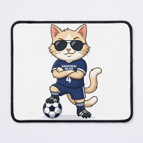Item preview, Japan Soccer Cat Cool Pose  Samurai Blue Number 4 Cartoon designed and sold by nolanaygiz.