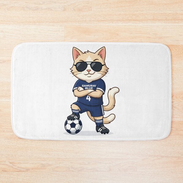 Item preview, Japan Soccer Cat Cool Pose  Samurai Blue Number 4 Cartoon designed and sold by nolanaygiz.