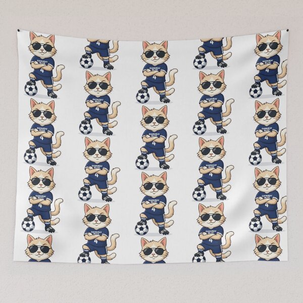 Item preview, Japan Soccer Cat Cool Pose  Samurai Blue Number 4 Cartoon designed and sold by nolanaygiz.