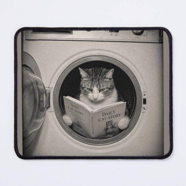 Item preview, Daily Cat Story | Vintage Reading Cat in Washing Machine | Funny Bibliophile Cat Retro Black & White Photo designed and sold by HOUSE OF TIST.