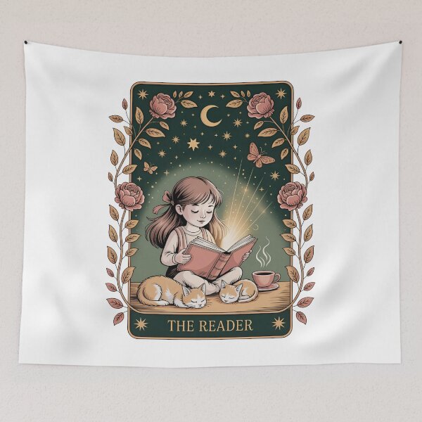 Item preview, The Reader Tarot Card Sticker | Book Lover Fantasy Art with Cats, Moon & Roses designed and sold by NightSpell.