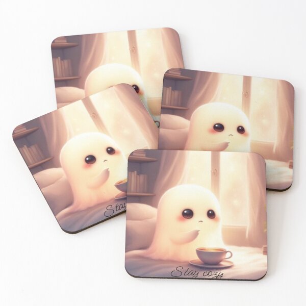 Item preview, Stay Cozy Cute Ghost Drinking Tea Autumn Aesthetic Graphic designed and sold by TheFrameVault.