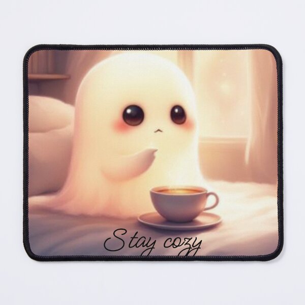 Item preview, Stay Cozy Cute Ghost Drinking Tea Autumn Aesthetic Graphic designed and sold by TheFrameVault.