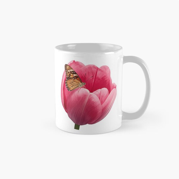 Aperçu de l'œuvre Tulipe rose avec autocollant papillon | Art floral botanique | Motif nature printanier créée et vendue par Shanker-studio.