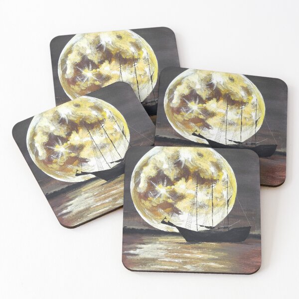 Item preview, Golden Moon and Tall Ship — Nautical Seascape Acrylic Art Print designed and sold by ArtByShoonya.