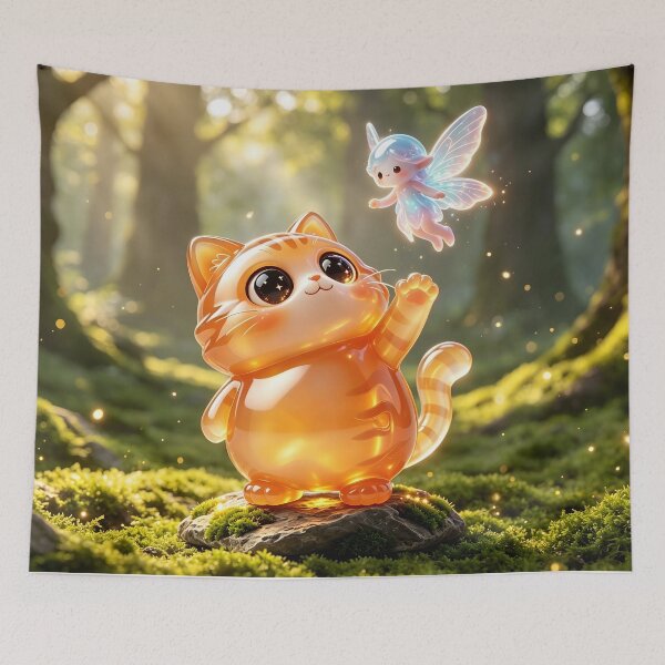 Item preview, The Fairy Friend - Cute Emerald Cat Meeting a Magical Sprite designed and sold by ABYSSLAB.
