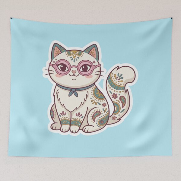 Item preview, Adorable Paisley Pattern Folk Art Cat Illustration designed and sold by Iampoji.