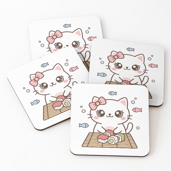 Item preview, Cute Kawaii Black Cat Making Sushi Roll with Pink Hair Bow on Bamboo Mat designed and sold by MoonlitDoodles1.
