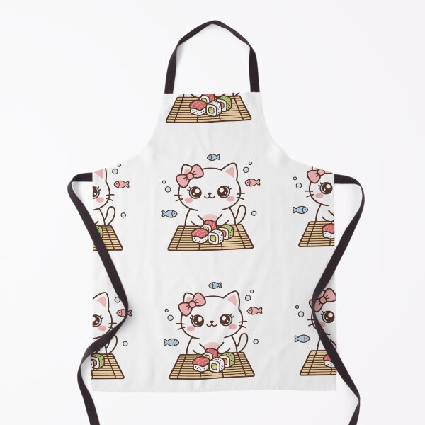 Item preview, Cute Kawaii Black Cat Making Sushi Roll with Pink Hair Bow on Bamboo Mat designed and sold by MoonlitDoodles1.