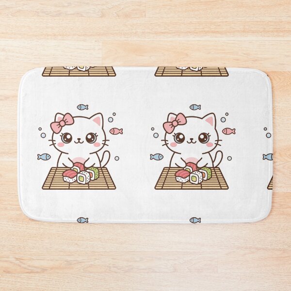 Item preview, Cute Kawaii Black Cat Making Sushi Roll with Pink Hair Bow on Bamboo Mat designed and sold by MoonlitDoodles1.