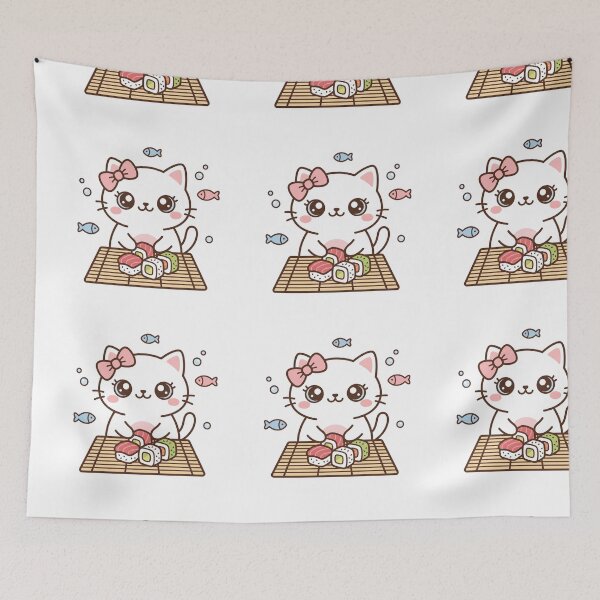 Item preview, Cute Kawaii Black Cat Making Sushi Roll with Pink Hair Bow on Bamboo Mat designed and sold by MoonlitDoodles1.