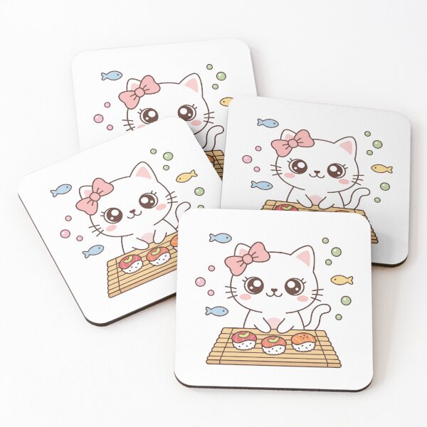 Item preview, Cute Kawaii Black Cat Making Nigiri Sushi with Pink Bow on Bamboo Mat designed and sold by MoonlitDoodles1.