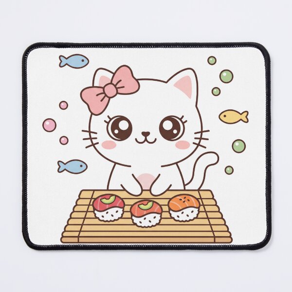 Item preview, Cute Kawaii Black Cat Making Nigiri Sushi with Pink Bow on Bamboo Mat designed and sold by MoonlitDoodles1.