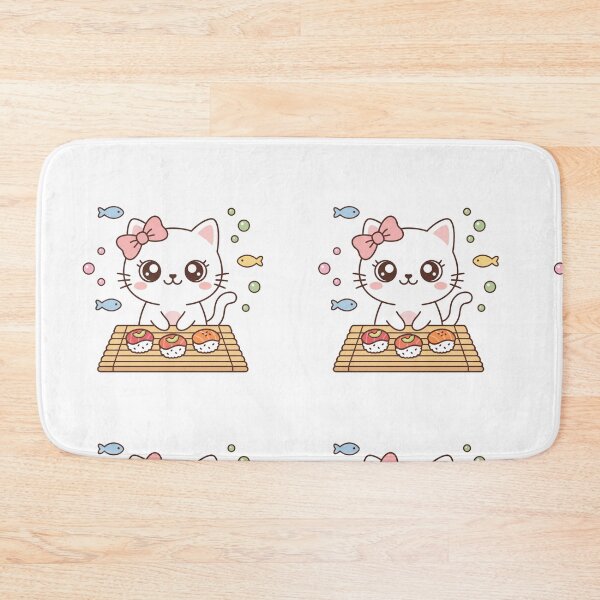 Item preview, Cute Kawaii Black Cat Making Nigiri Sushi with Pink Bow on Bamboo Mat designed and sold by MoonlitDoodles1.