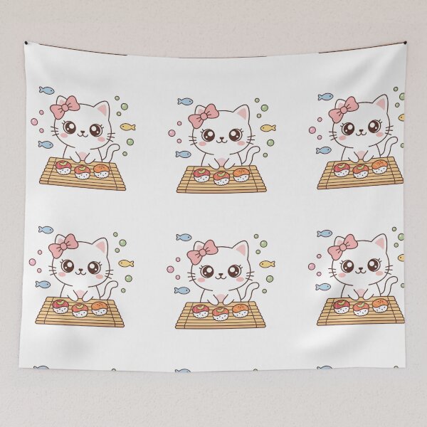 Item preview, Cute Kawaii Black Cat Making Nigiri Sushi with Pink Bow on Bamboo Mat designed and sold by MoonlitDoodles1.
