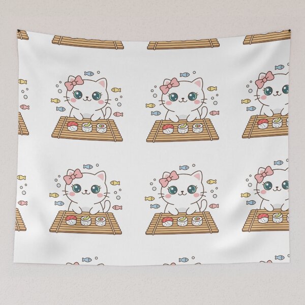 Item preview, Cute Kawaii Black Cat Making Assorted Sushi and Rolls on Bamboo Mat designed and sold by MoonlitDoodles1.