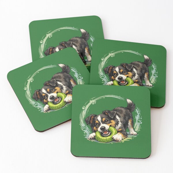 Item preview, Playful Aussie Puppy with Green Ring Toy Cute Australian Shepherd Dog Art. designed and sold by LunaPrintCo.