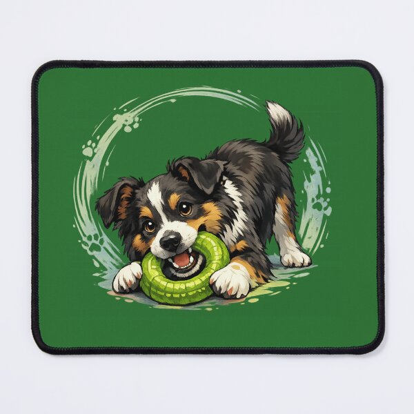 Item preview, Playful Aussie Puppy with Green Ring Toy Cute Australian Shepherd Dog Art. designed and sold by LunaPrintCo.