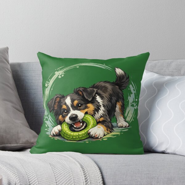 Item preview, Playful Aussie Puppy with Green Ring Toy Cute Australian Shepherd Dog Art. designed and sold by LunaPrintCo.