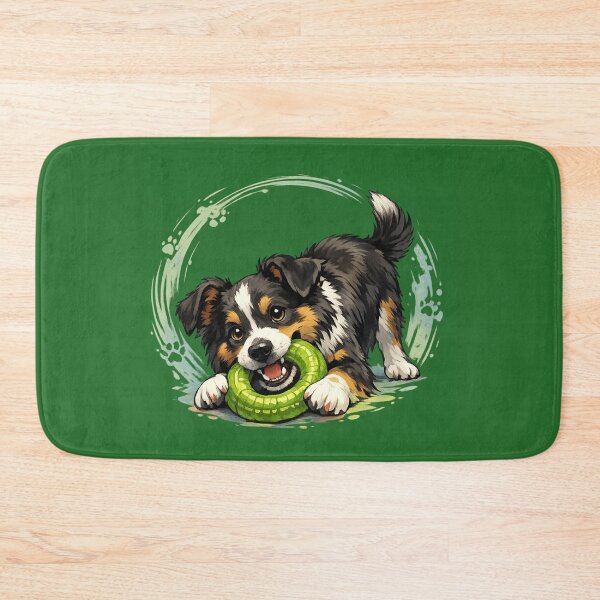 Item preview, Playful Aussie Puppy with Green Ring Toy Cute Australian Shepherd Dog Art. designed and sold by LunaPrintCo.
