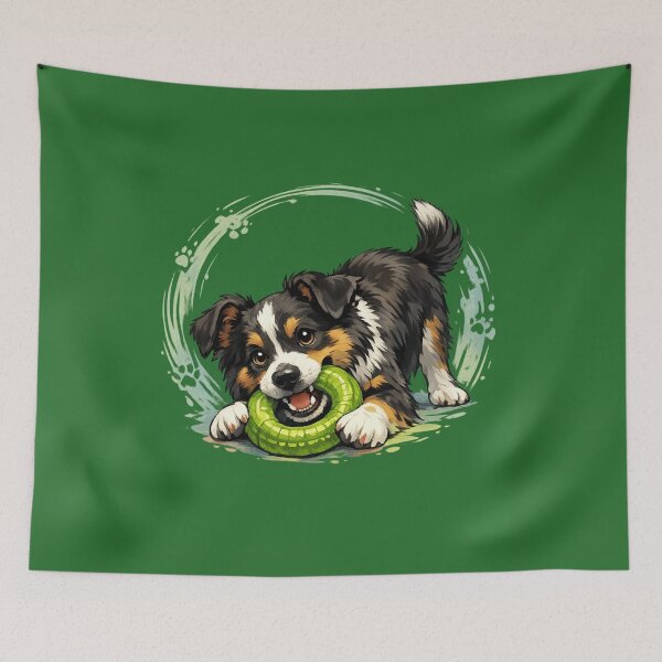 Item preview, Playful Aussie Puppy with Green Ring Toy Cute Australian Shepherd Dog Art. designed and sold by LunaPrintCo.
