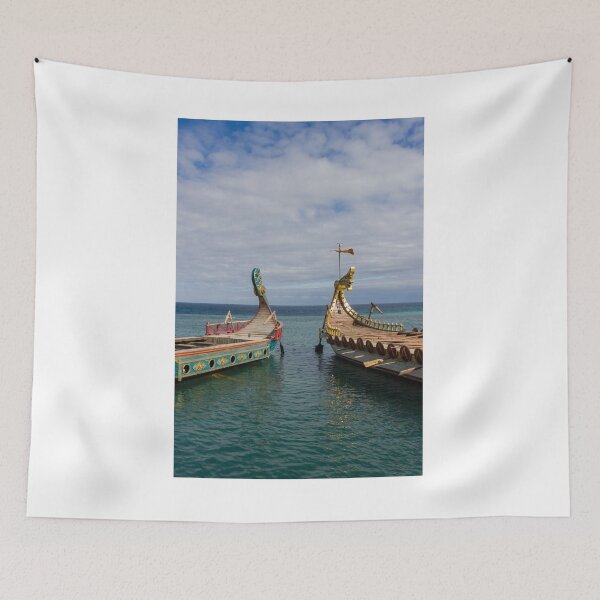 Item preview, Colorful Viking Boats Docked on Calm Sea Near Shore Under Cloudy Sky designed and sold by Nmallia.