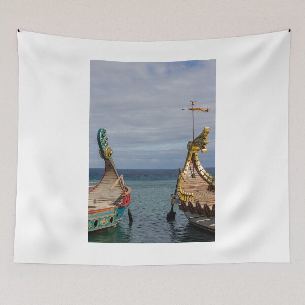 Item preview, Colorful Viking Boats Docked on Calm Sea Near Shore Under Cloudy Sky designed and sold by Nmallia.
