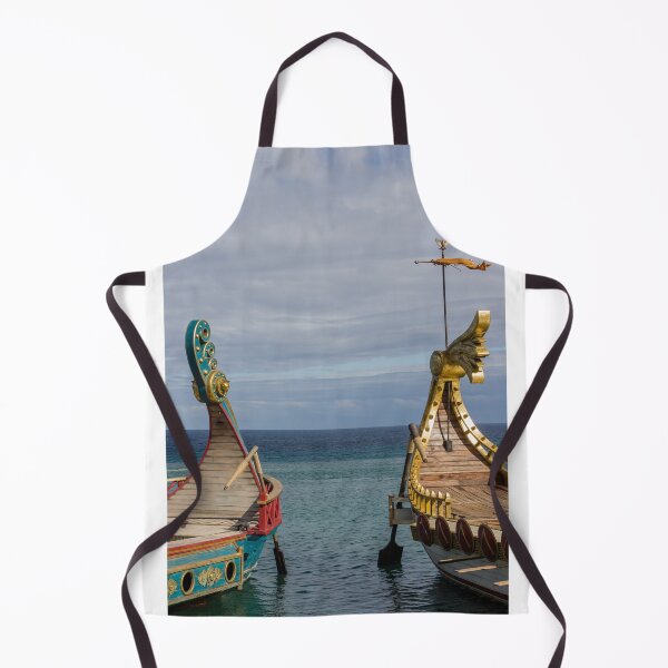 Item preview, Colorful Viking Boats Docked on Calm Sea Near Shore Under Cloudy Sky designed and sold by Nmallia.
