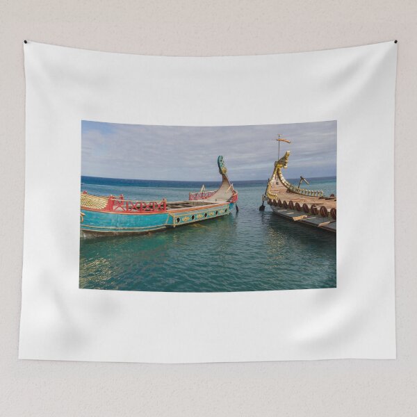 Item preview, Colorful Viking Boats Docked on Calm Sea Near Shore Under Cloudy Sky designed and sold by Nmallia.