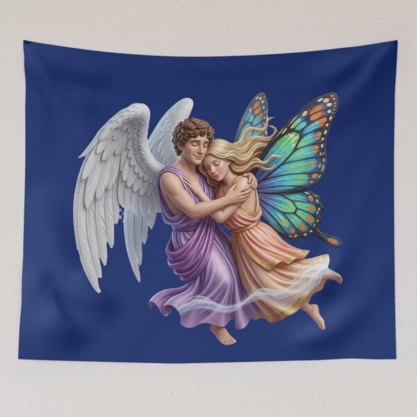 Item preview, Angel and Butterfly Fairy Embrace | Fantasy Love Art | Celestial Romance | Magical Wings | Dreamy Mythical Illustration designed and sold by digitalbob60.
