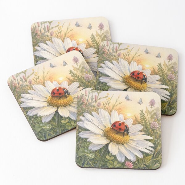 Item preview, Ladybug on Daisy Watercolor Art, Cottagecore Nature Illustration, Lucky Ladybug Floral Sticker, Botanical Garden Wall Art designed and sold by TulipsArtDesigns .