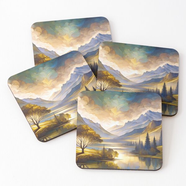 Item preview, Golden Mountain Reflection Art | Serene Alpine Landscape in Blue and Gold designed and sold by Patricia Johnston.