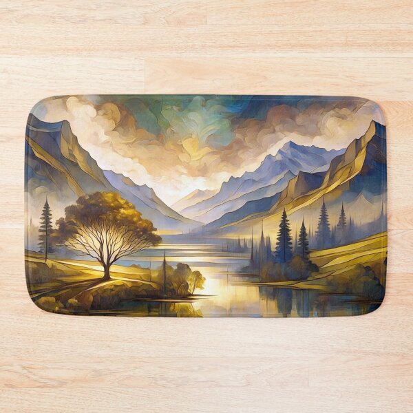 Item preview, Golden Mountain Reflection Art | Serene Alpine Landscape in Blue and Gold designed and sold by Patricia Johnston.