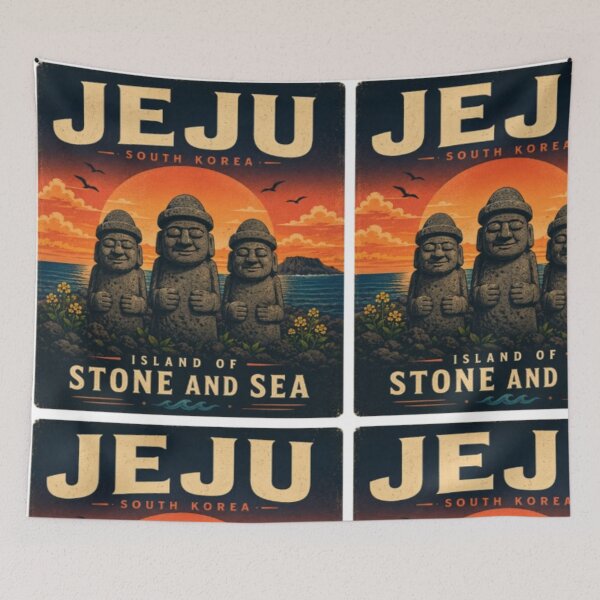 Item preview, Jeju Dol Hareubang Vintage Travel Poster | Island of Stone and Sea | South Korea Retro Design designed and sold by TulipsArtDesigns .