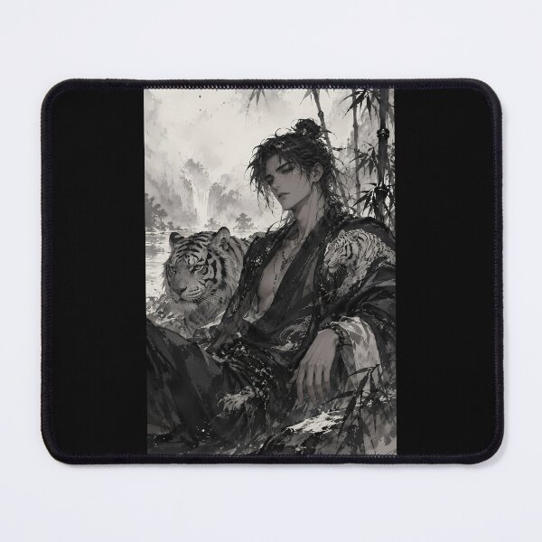 Item preview, White Tiger Wuxia Warrior Resting in Bamboo Forest | Chinese Ink Painting designed and sold by ManJiangHong.