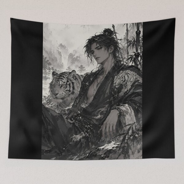 Item preview, White Tiger Wuxia Warrior Resting in Bamboo Forest | Chinese Ink Painting designed and sold by ManJiangHong.