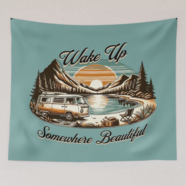 Item preview, Wake Up Somewhere Beautiful Vintage Camper Van Mountain Lake Camping Design designed and sold by Sachie's Studio.