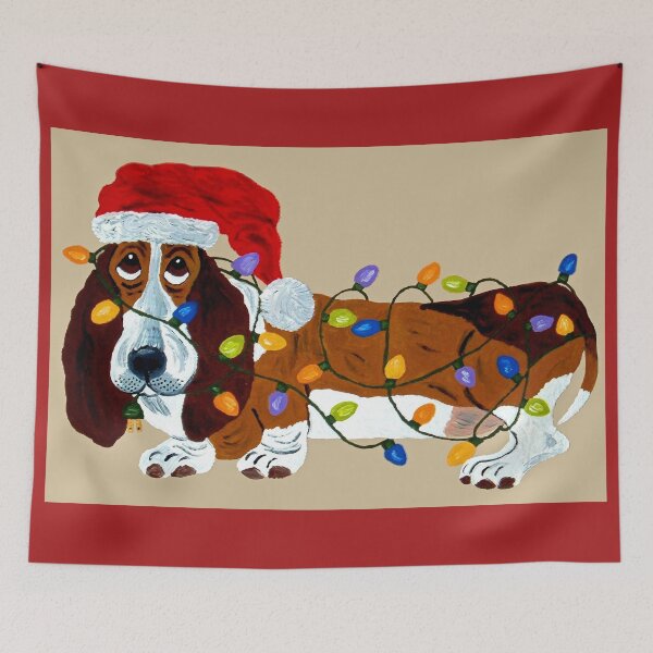 Item preview, Basset Hound Tangled in Christmas Lights designed and sold by Squirreldumplings.