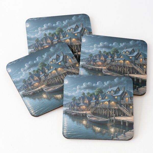Item preview, Moonlit Coastal Village, Peaceful Harbor Under a Starlit Sky designed and sold by Patricia Johnston.