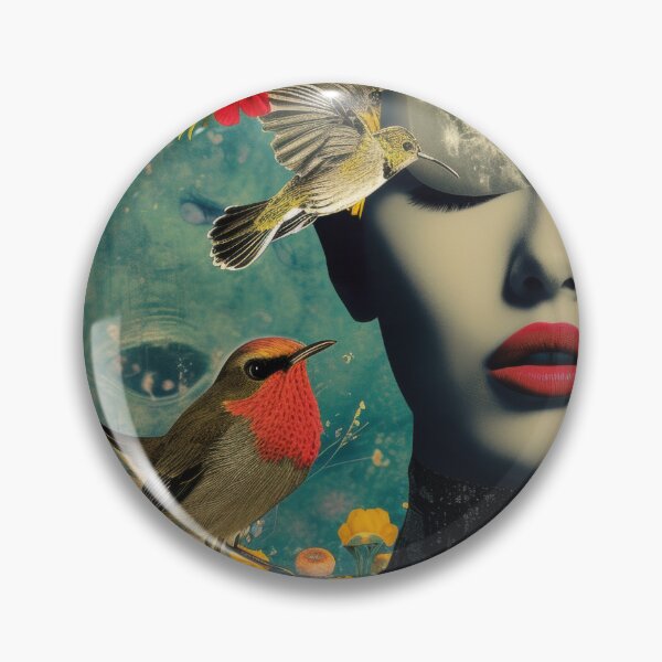 Item preview, Illustration of a woman portrait with fashion flowers, birds, flora and fauna, moon on the head. Vivid colors. A vintage night in the background. designed and sold by Soft Oddity.