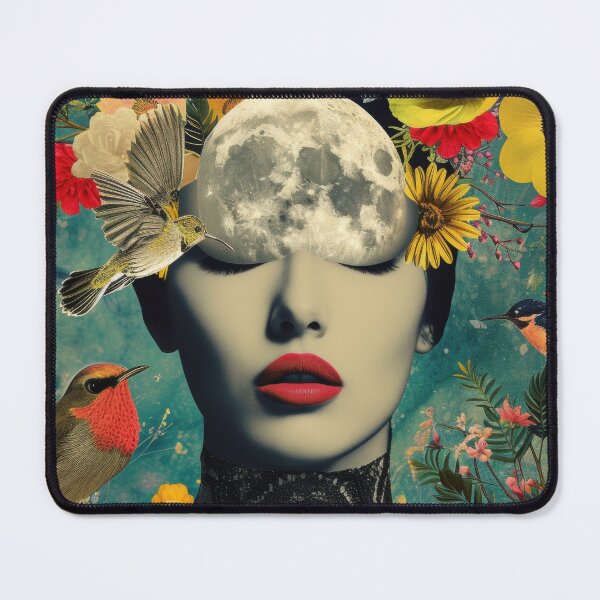 Item preview, Illustration of a woman portrait with fashion flowers, birds, flora and fauna, moon on the head. Vivid colors. A vintage night in the background. designed and sold by Soft Oddity.