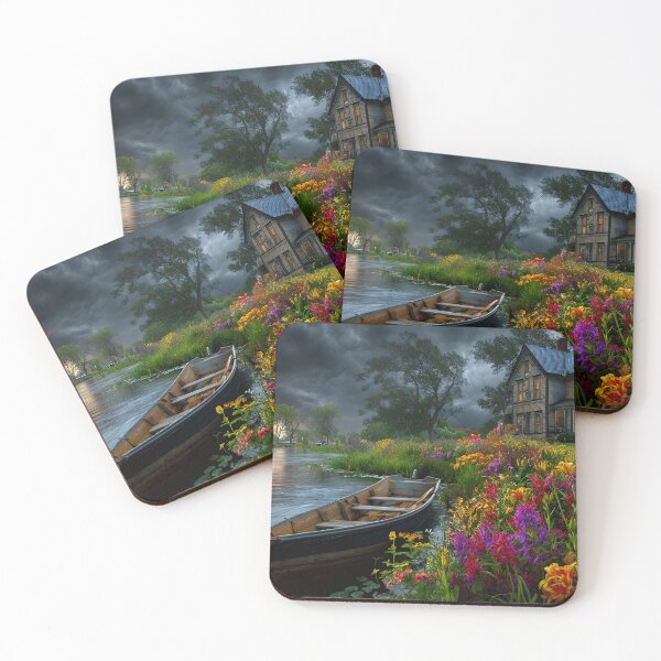 Item preview, Scenic Riverbank with Colorful Flowers and House designed and sold by Artessie.