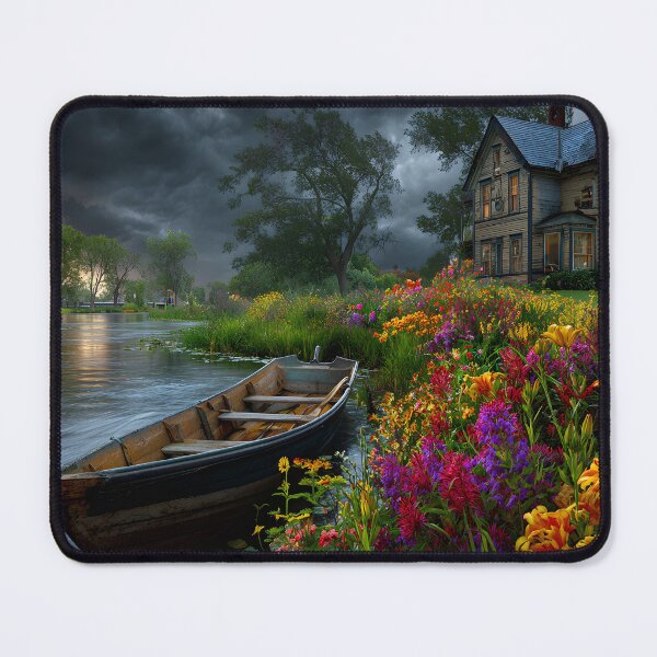 Item preview, Scenic Riverbank with Colorful Flowers and House designed and sold by Artessie.