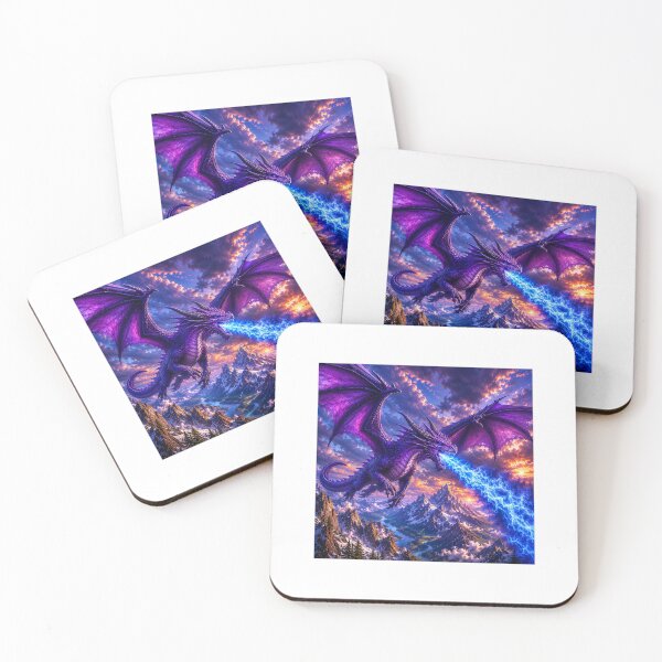 Item preview, Purple Dragon breathing Blue Fire while flying over Snowy Mountains designed and sold by RooperRupper.