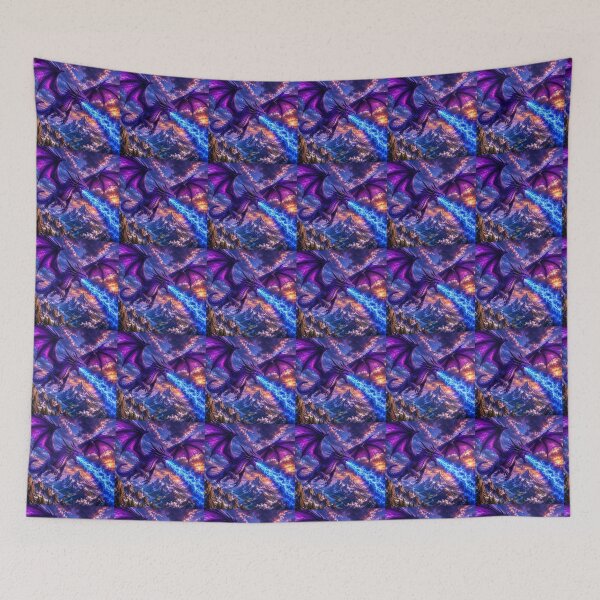 Item preview, Purple Dragon breathing Blue Fire while flying over Snowy Mountains designed and sold by RooperRupper.