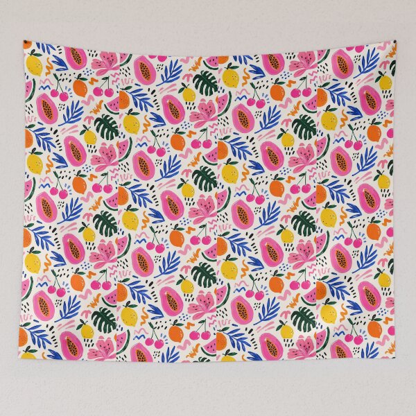 Item preview, Colorful Tropical Fruit Pattern | Pink Papaya Lemon Cherry Watermelon Botanical Print | Summer Abstract Aesthetic | Whimsical Fruit Illustration designed and sold by poppet103.